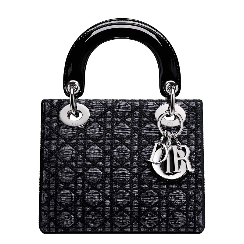 M0500PJLP M842 Argento jacquard borsa Lady Dior, cuciture nere